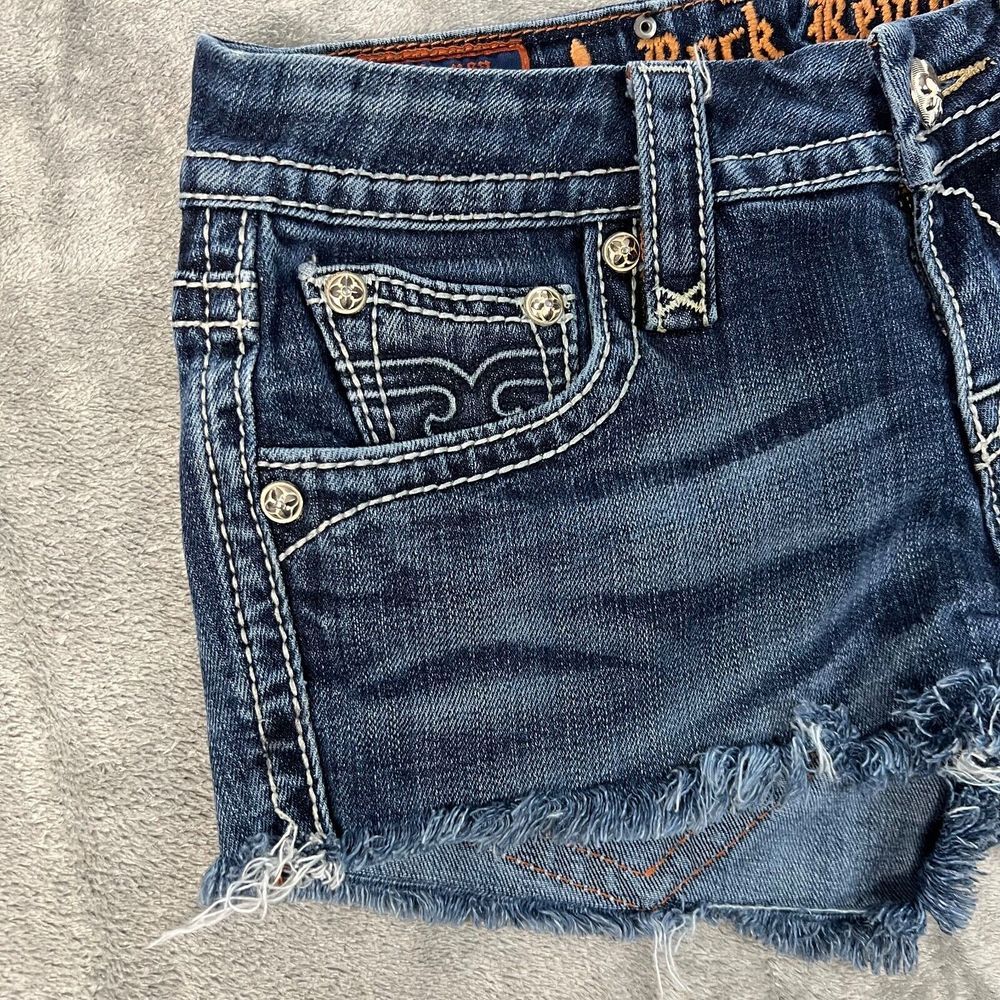 Rock Revival Shorts Womens 25  Blue Camila Easy Boot Frayed Jean Denim - Picture 2 of 13